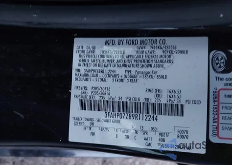 2009 Ford Fusion Se z USA, uszkodzony, nr VIN 3FAHP07Z89R112244